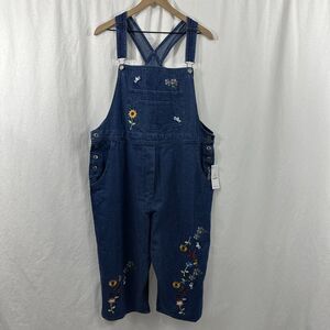 Agapo Embroidered Crop Bib Overalls Boho Hippie Blue Denim Womens Size XL